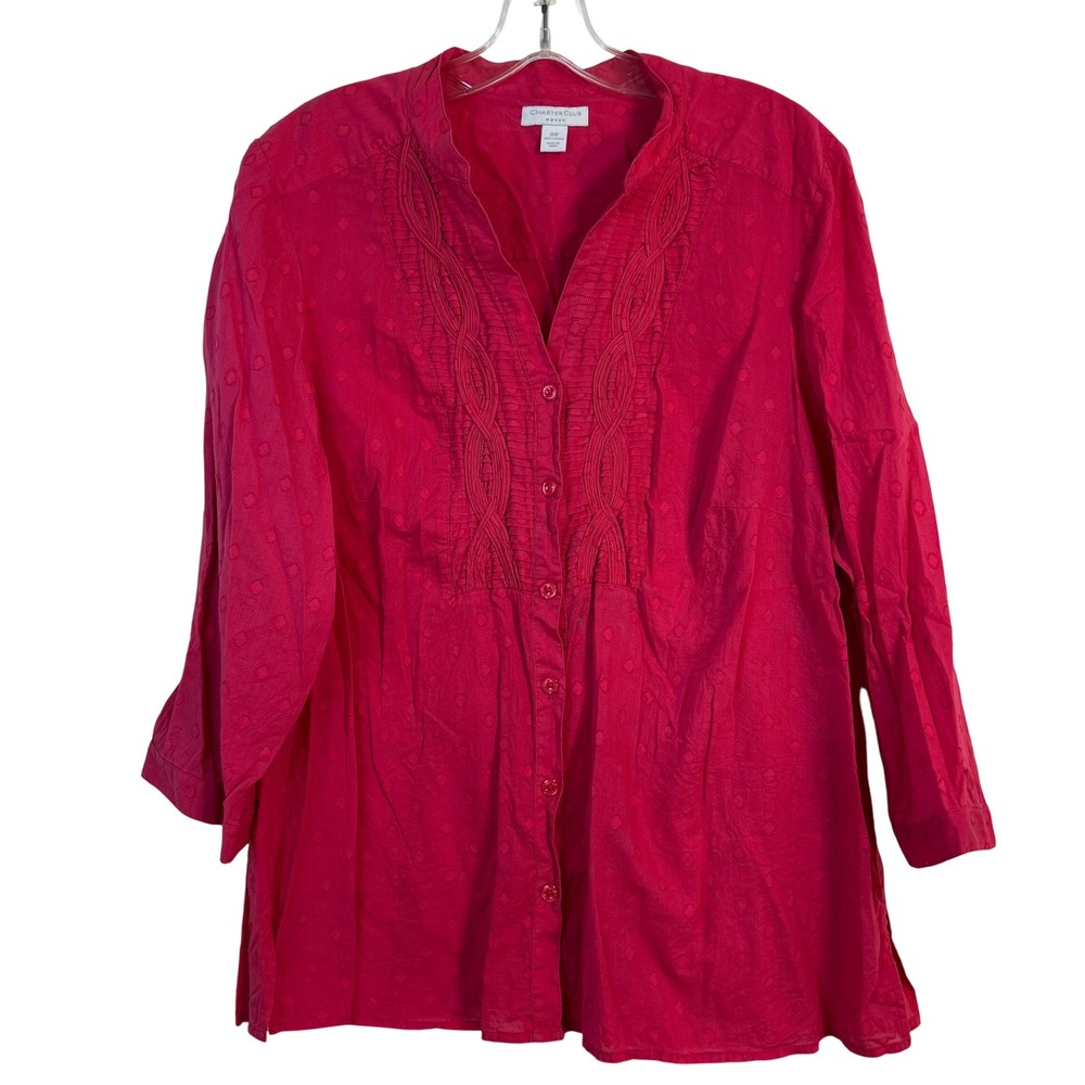 Charter‎ Club Woman Pink Clip Dot Button Up Blouse 18W Pintuck Cotton